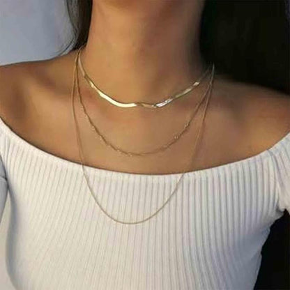 Punk Layered Chain Necklace Gold Flat Snake Chain