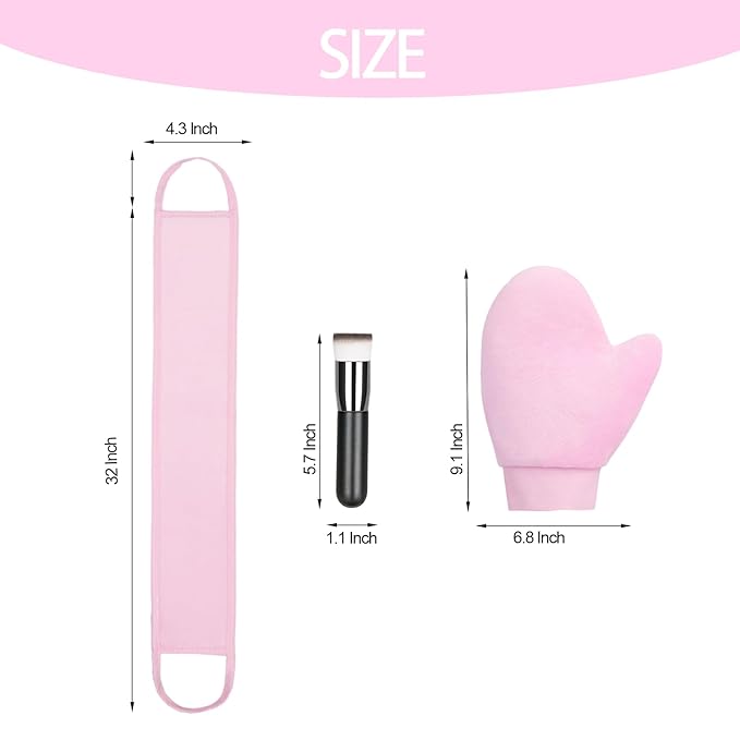 3 Pack Self Tanning Mitt Applicator Kit Set Self Tan Back Applicator with Self Tanning Glove for Self Tan Mitt Mini Self Tan Glove and Sunscreen Brush (Pink)