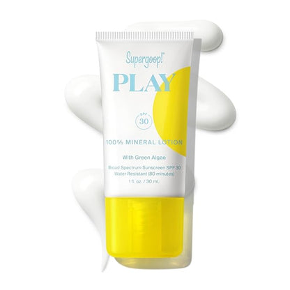 Supergoop! PLAY 100% Mineral Lotion - 1 fl oz - Broad Spectrum SPF 30 Sunscreen for Face & Body - Lightweight, Fast Absorbing + Water-Resistant - With Green Algae