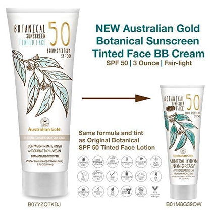 Australian Gold Botanical Sunscreen Tinted Face Mineral Lotion SPF 50, 3 Ounce | Broad Spectrum | Water Resistant