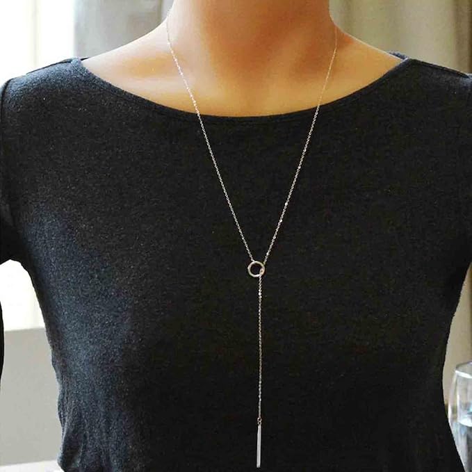 Boho Circle Bar Lariat Necklace Silver Drop Bar