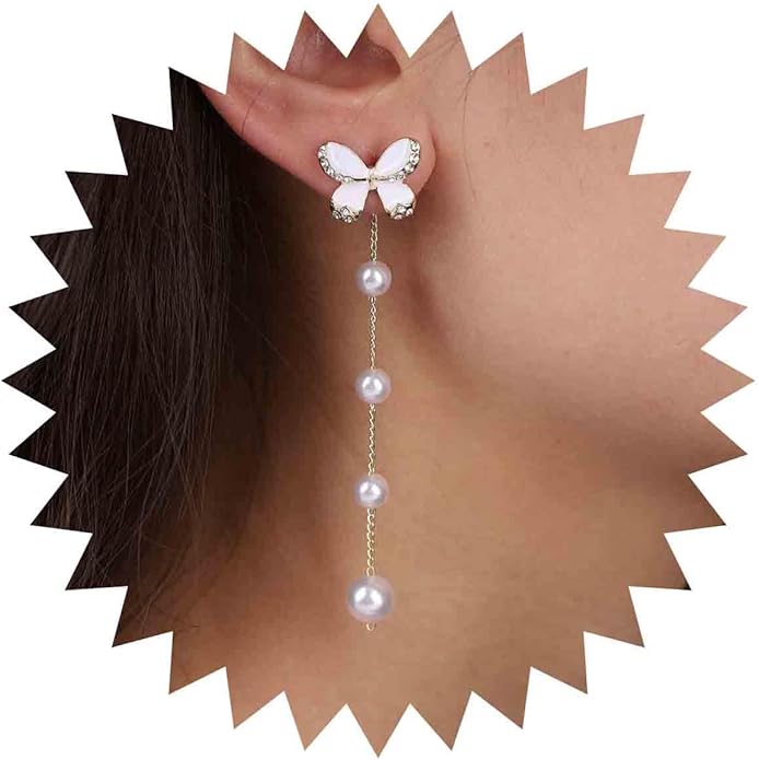 Vintage Butterfly Pearl Drop Earrings Gold Pearl Chain