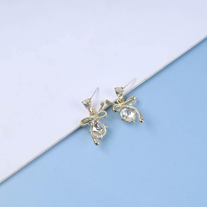 Vintage Rhinestone Bow Drop Earrings Gold Teardrop Crystal