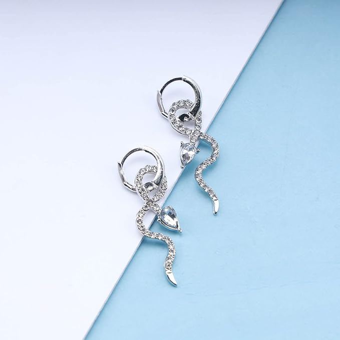 Gothic Crystal Snake Drop Earrings Silver Serpent Earrings