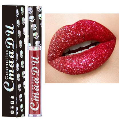 AKARY Shimmer Liquid Lipstick Long Lasting, Skull Diamond Metallic Shiny Glitter Glossy Shimmery Finish Waterproof Lip Gloss for Women, High Pigmented Nonstick Cup Lipstick Makeup for Lips, 03