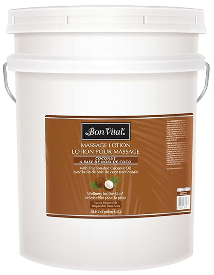 Bon Vital' Coconut Massage Lotion with 100% Pure Fractionated Coconut Oil, Lightweight Massage Lotion, Provides a Massage with Intense Skin Hydrating and Moisturizing, 5 Gal, Label may Vary