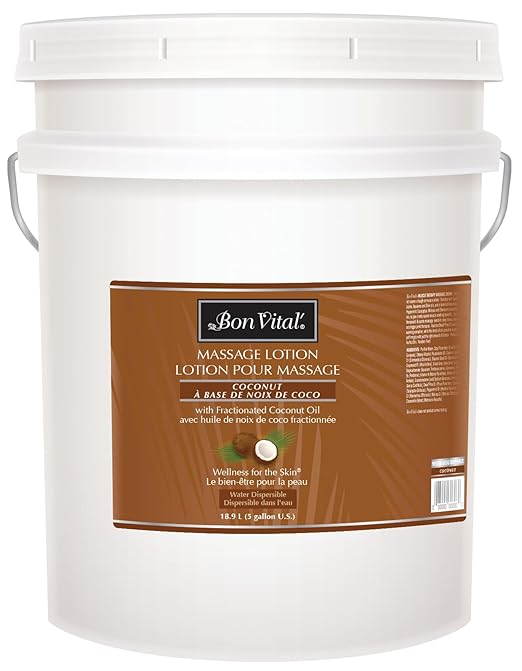 Bon Vital' Coconut Massage Lotion with 100% Pure Fractionated Coconut Oil, Lightweight Massage Lotion, Provides a Massage with Intense Skin Hydrating and Moisturizing, 5 Gal, Label may Vary