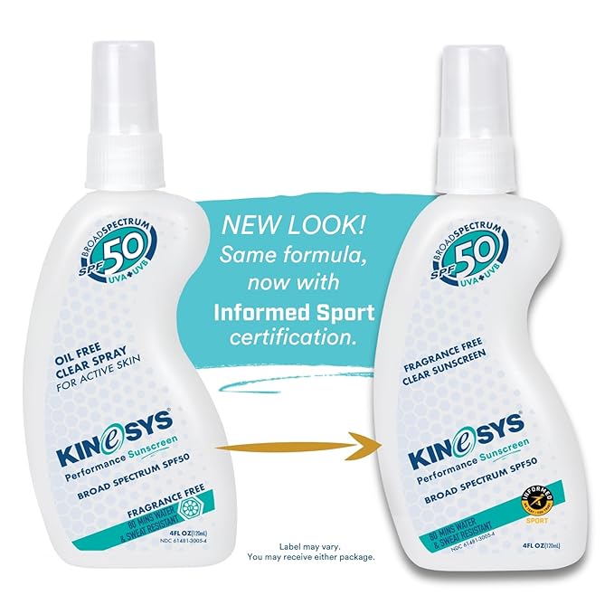 KINeSYS Fragrance Free Clear Spray Sunscreen for sensitive skin, SPF 50, Hypoallergenic, Broad Spectrum UVA/UVB protection for Face & Body; PABA and Oxybenzone FREE, 700+ Sprays, 4 Fl Oz/120 mL