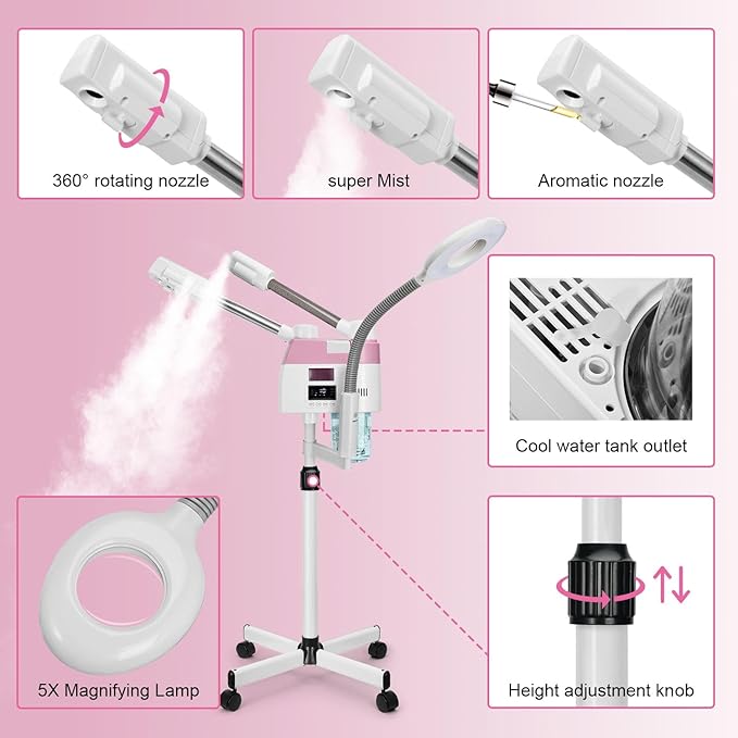 Professional Facial Steamer, 3 in 1 Facial Steamer with 5X Magnifying Lamp Hot&Cool Mist, Esthetician Steamer on Wheels, Stand Face Steamer with Time Setting for Home Salon Spa