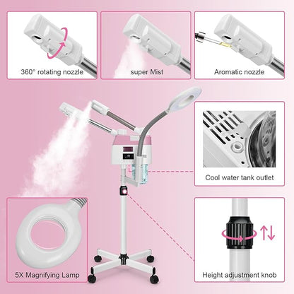 Professional Facial Steamer, 3 in 1 Facial Steamer with 5X Magnifying Lamp Hot&Cool Mist, Esthetician Steamer on Wheels, Stand Face Steamer with Time Setting for Home Salon Spa
