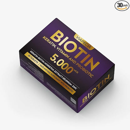 Biotin 5000Mcg - High Potency Biotin Supplement for Hair Growth - Hair Skin Nails Vitamins for Women - Supports Keratin Production and Tissue Regeneration - Vitamins and Supplements - 30 Capsules