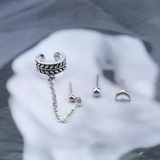 Bohemia Moon Cuff Chain Earrings Silver Chain Climber