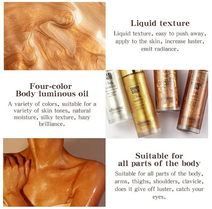 Shimmer Body Oil,Long Lasting Waterproof Face Brighten Glow Shiny Gold)