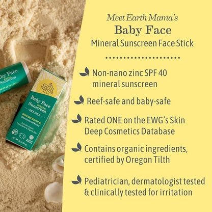 Earth Mama Baby Face Mineral Sunscreen Stick SPF 40 | Reef Safe, Non-Nano Zinc, Contains Organic Cocoa Butter & Aloe | Babies, Kids & Family 0.74-Ounce