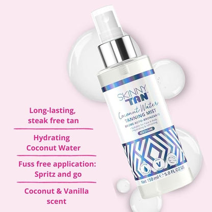 Skinny Tan Coconut Water Tanning Mist - Refreshing, Non-Sticky, and Fast Absorbing Formula - Formulated with Ultra-Hydrating Coconut Water - Delicious Tropical and Vanilla Scent - Medium - 5 oz