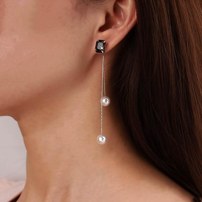 Vintage Black Crystal Pearl Drop Earrings
