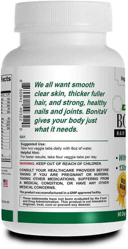 Bonita V Vegan Hair Nails and Skin Vitamins for Women - 20 Active Ingredients Including Biotin - Stronger Nails, Healthy Skin, Hair Growth - 180 EZ-TAB Veggie Tablets