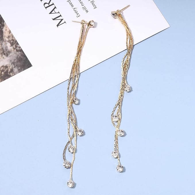 Boho Cz Tassel Chain Earrings Gold