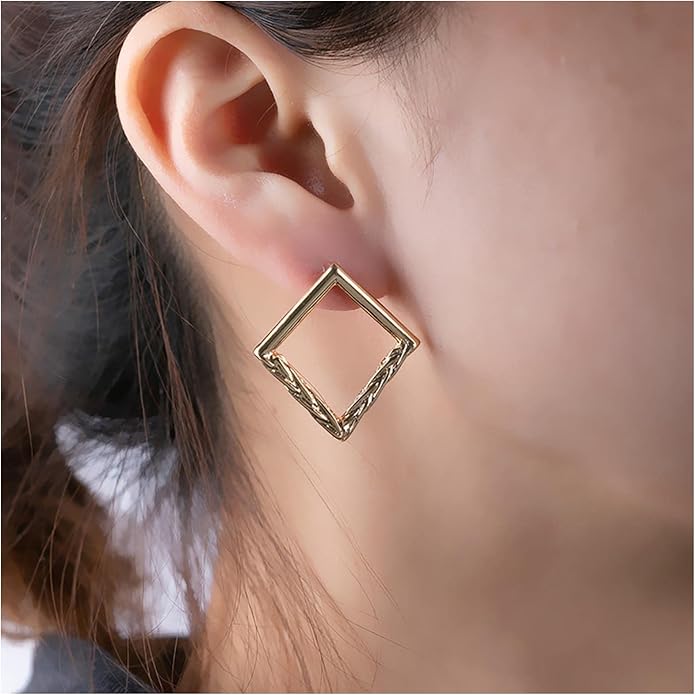 Vintage Hammered Square Drop Earrings Gold Hollow Square