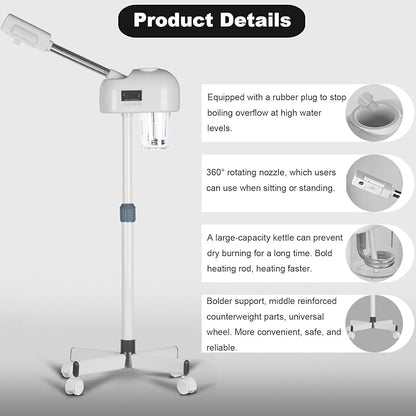 Stand Ozone Professional Facial Steamer with Digital Display, Adjustable Height & Rolling Base, Timer Function, 360° Rotatable Nozzle, Hot Mist Function, Use for Home, Salon SPA (White)