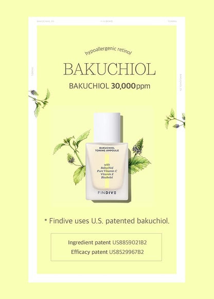 [FINDIVE OFFICIAL] Bakuchiol Toning Ampoule, 3% Bakuchiol, Plan-Based Retinal Alternative, Pure Vitamin C, Pure Vitamin E, Bisabolol, Brightning, Anti Wrinkle Serum, 1.01fl.oz
