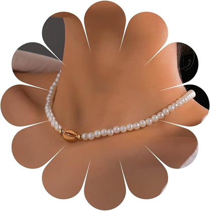 Boho Shell Pearl Necklace Choker Gold