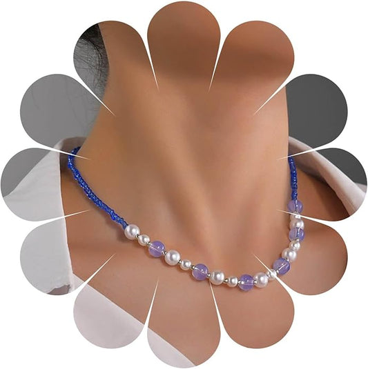 Boho Pearl Choker Necklace Vintage Blue