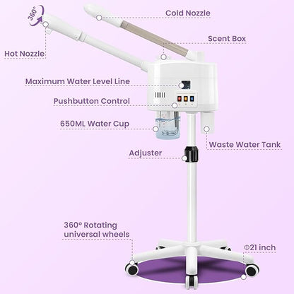 Professional 2 in 1 Ozone Facial Steamer on Wheels - Hot & Cold with Time Setting, Adjustable Height for Spa, Salon & Home