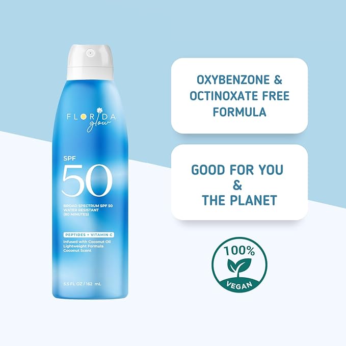 Florida Glow SPF 50 Sunscreen Spray- Hawaii 104 Reef Act & Florida Keys Compliant Broad Spectrum Water Resistant Sport Sun screen - Child Friendly PABA Free & Oxybenzone Free (5.5 Fl Oz 2-pack)