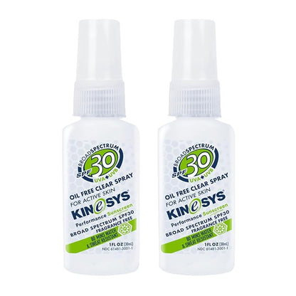 KINeSYS Fragrance Free Clear Spray Sunscreen for sensitive skin, SPF 30, Hypoallergenic, Broad Spectrum UVA/UVB protection for Body, Alcohol, PABA and Oxybenzone FREE, 170+ Sprays, 1 Fl Oz (Pack of 2)