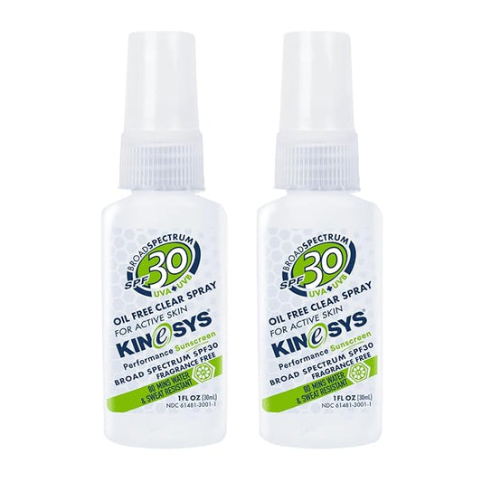 KINeSYS Fragrance Free Clear Spray Sunscreen for sensitive skin, SPF 30, Hypoallergenic, Broad Spectrum UVA/UVB protection for Body, Alcohol, PABA and Oxybenzone FREE, 170+ Sprays, 1 Fl Oz (Pack of 2)
