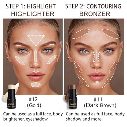 Kaely 2Pcs Cream Contour Highlighter Stick Kit,Bronzer Cheek Stick Waterproof,11+12