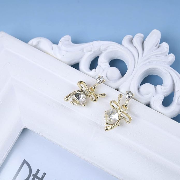 Vintage Rhinestone Bow Drop Earrings Gold Teardrop Crystal