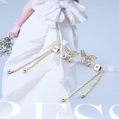 Vintage Crystal Butterfly Stud Earrings Gold Long Chain
