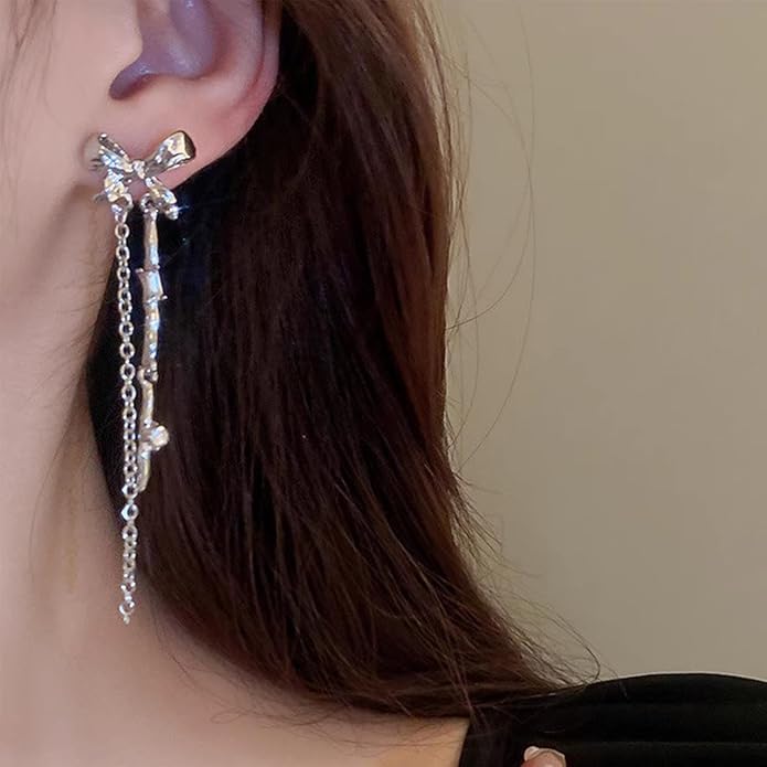 Vintage Bow Crystal Drop Earrings Silver