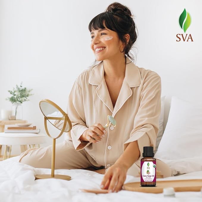 SVA Clary Sage Essential Oil Organic – 1/3 Fl Oz – 100% Natural Organic Clary Sage Oil - for Diffuser, Hair Care, Face, Skin Care, Aromatherapy, Scalp and Body Massage, Soap and Candle Making