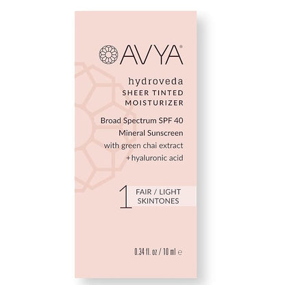 AVYA SPF 40 Sheer Tinted Moisturizer with Hyaluronic Acid & Green Chai – Advanced Ayurvedic Skincare Treatment for Balanced and Brighter Skin/Fair & Light Skintones Shade #1 (0.34oz/10ml)