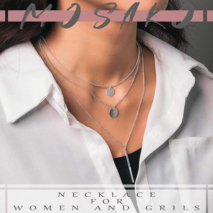 Boho Layered Necklaces Sequins Disc Silver