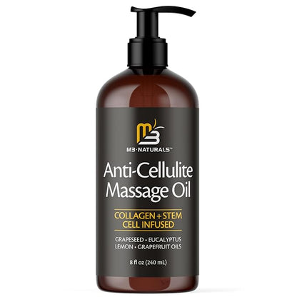 M3 Naturals Anti Cellulite Oil and Silicone Body Brush – Collagen and Stem Cell Skin Tightening Formula for Smoothing and Firming – 8 Fl Oz