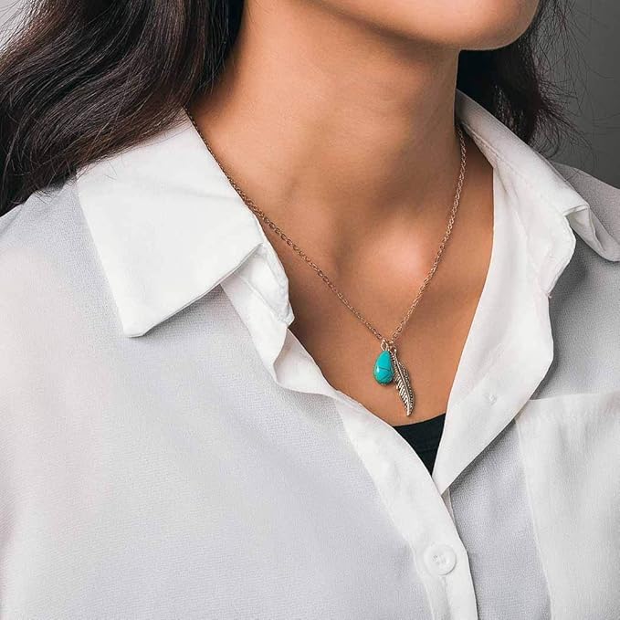Boho Turquoise Necklaces Silver Feather Pendant
