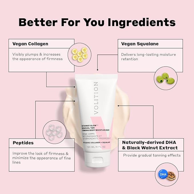 Volition Beauty Getaway Glow Gradual Tan Firming Body Moisturizer with Vegan Collagen + Squalane | Skin Smoothing Cream, Stretchmark Treatment & Sunless Tanning Lotion | Quick Drying Formula