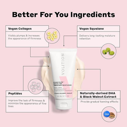 Volition Beauty Getaway Glow Gradual Tan Firming Body Moisturizer with Vegan Collagen + Squalane | Skin Smoothing Cream, Stretchmark Treatment & Sunless Tanning Lotion | Quick Drying Formula