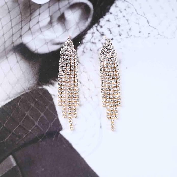 Vintage Rhinestone Chandelier Tassel Earrings Crystal Chain Drop