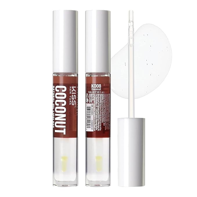 Kiss New York 3 PACK Lip Oil Gloss, Hydrating Non-Sticky Lip Oil, 100% Natural Oil Clear Lip Gloss, Lightweight Lip Moisturizer (Gold & Honey & Coconut)