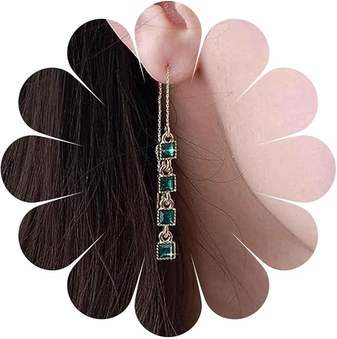 Vintage Crystal Emerald Threader Earrings Emerald Square Stud