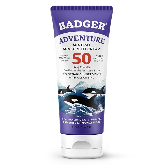 Badger Mineral Sunscreen SPF 50 Zinc Oxide Sunscreen with 98% Organic Ingredients, Reef-Safe, Broad-Spectrum, Hypoallergenic, Water Resistant, Unscented Adventure Sport Sunscreen 2.9 fl oz