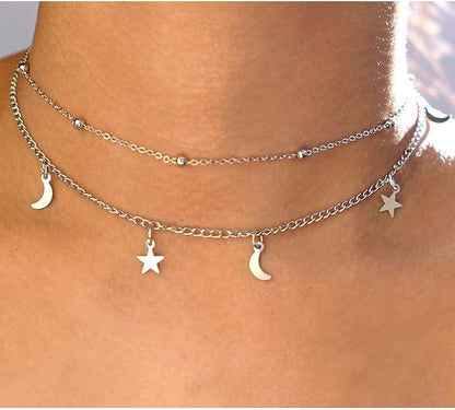 Boho Star Moon Necklace Choker Gold