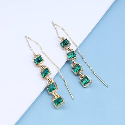 Vintage Emerald Crystal Threader Earrings Green Gem Drop
