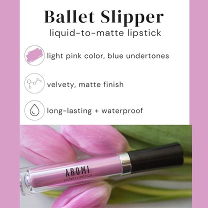 Aromi Matte Liquid Lipstick | Light, Baby Pink Lip Color with Blue Undertones, Long-lasting, Vegan, Cruelty-free, Smudge Proof, Waterproof (Ballet Slipper)