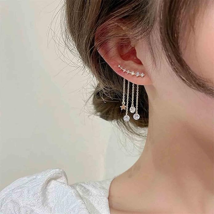 Boho Star Ear Jacket Earrings Gold Cz Star